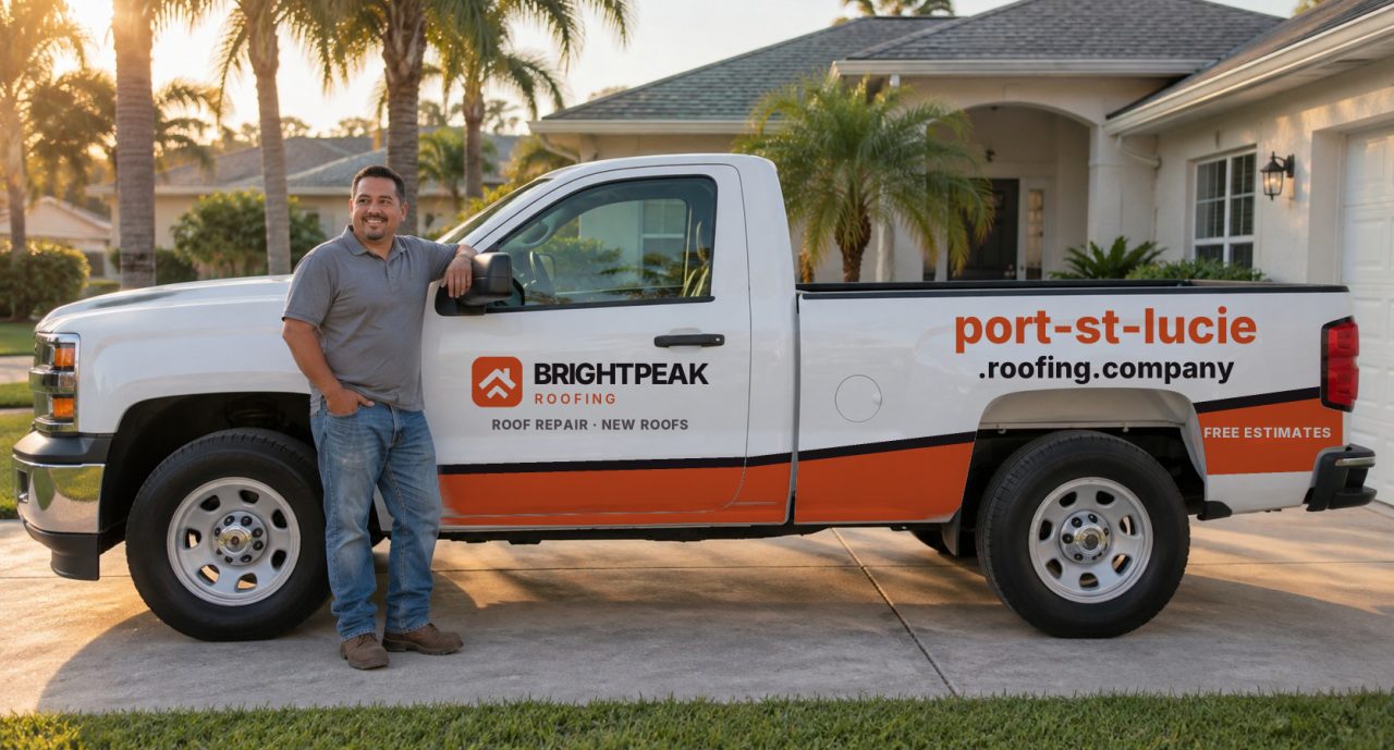 port-st-lucie.roofing.company painted on the side of a white work truck