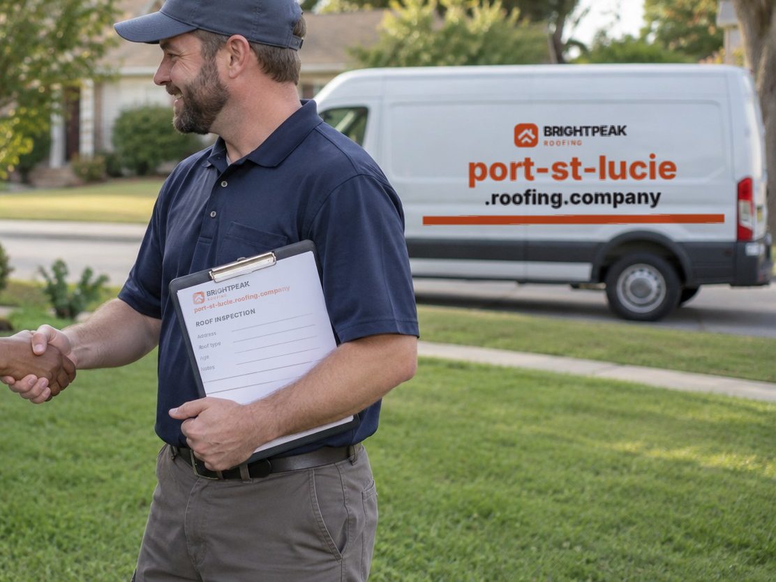port-st-lucie.roofing.company on a roofing van and an inspection form